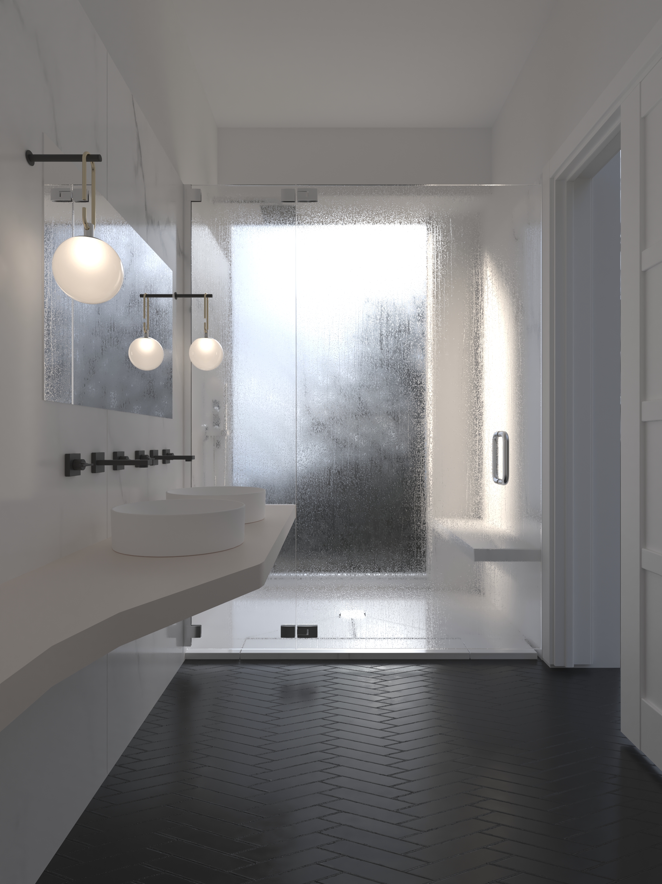 Bagno con pavimento a spina di pesce