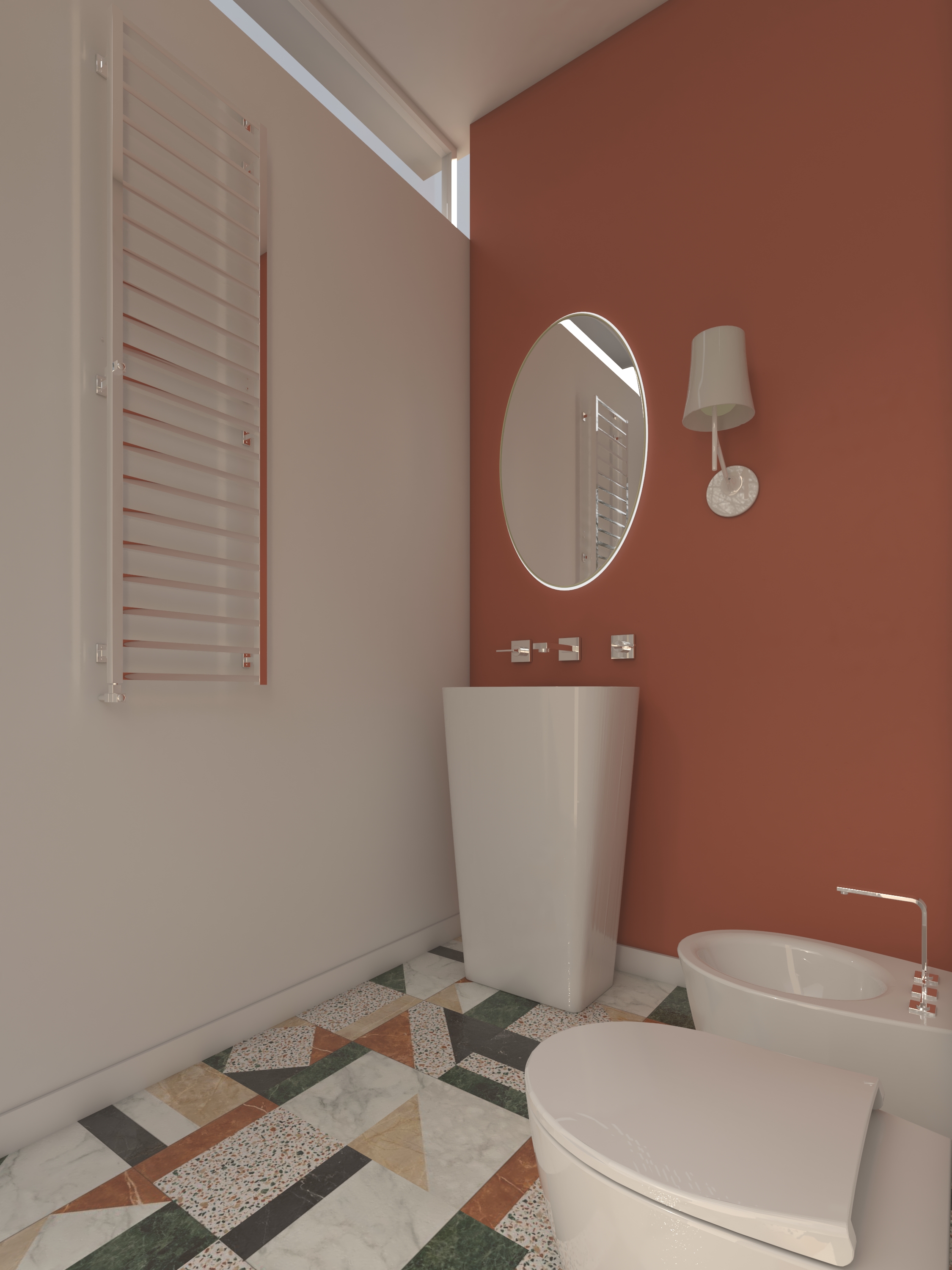 Bagno con parete terracotta