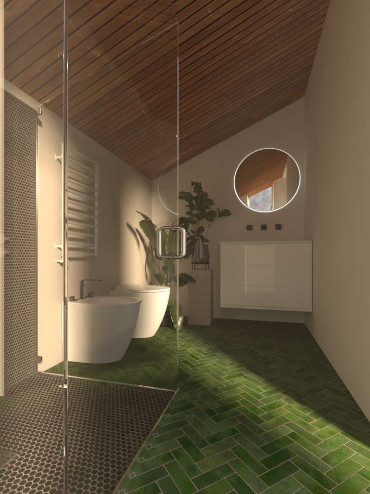 Bagno in mansarda con piastrelle verdi